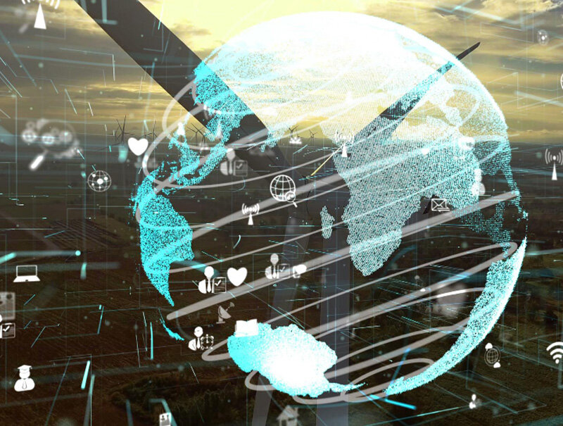 Globe with white icons swirling around